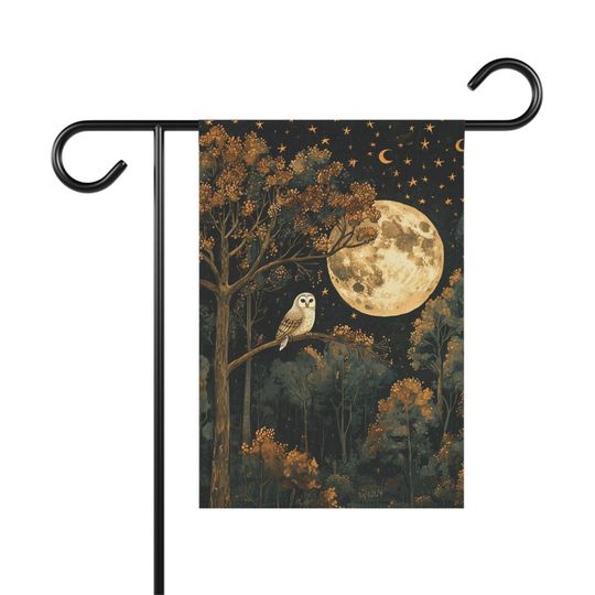 Moody Full Moon Night Owl Garden Flag Autumn Forest Night Owl Dark Ambience Fall Patio Decor Outdoor House Banner Fall Owl Front Door Decor