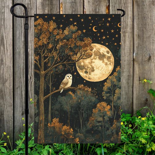 Moody Full Moon Night Owl Garden Flag Autumn Forest Night Owl Dark Ambience Fall Patio Decor Outdoor House Banner Fall Owl Front Door Decor