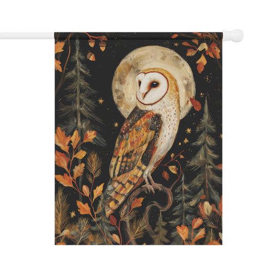 Moody Barn Owl Garden Flag: Dark Autumn Forest Decor
