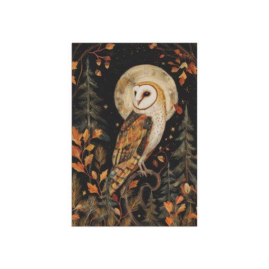 Moody Barn Owl Garden Flag: Dark Autumn Forest Decor