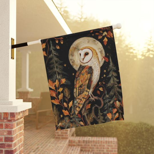 Moody Barn Owl Garden Flag: Dark Autumn Forest Decor