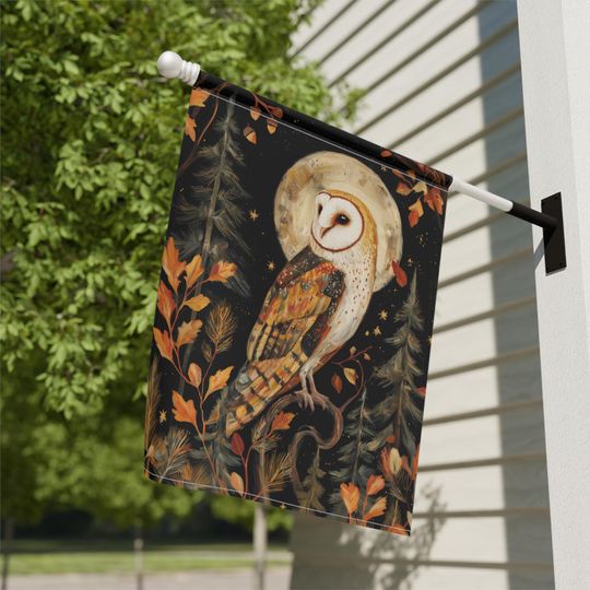 Moody Barn Owl Garden Flag: Dark Autumn Forest Decor