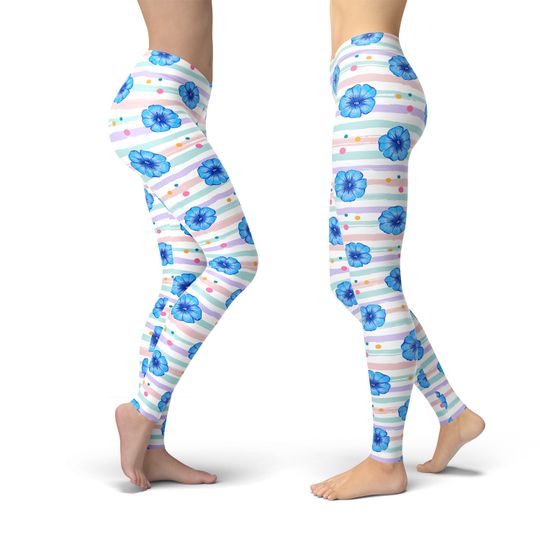 Striped Floral Leggings, Gift for Women