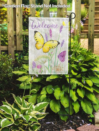 Violet Butterfly Welcome Garden Flag