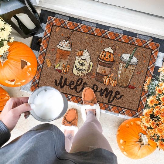 Fall Coffee Doormat, Fall Doormat, Halloween Pumpkin Spice Orange Plaid Rug, Halloween Doormat, Fall Welcome Mat, Fall Decor, Hello Pumpkin