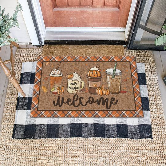 Fall Coffee Doormat, Fall Doormat, Halloween Pumpkin Spice Orange Plaid Rug, Halloween Doormat, Fall Welcome Mat, Fall Decor, Hello Pumpkin