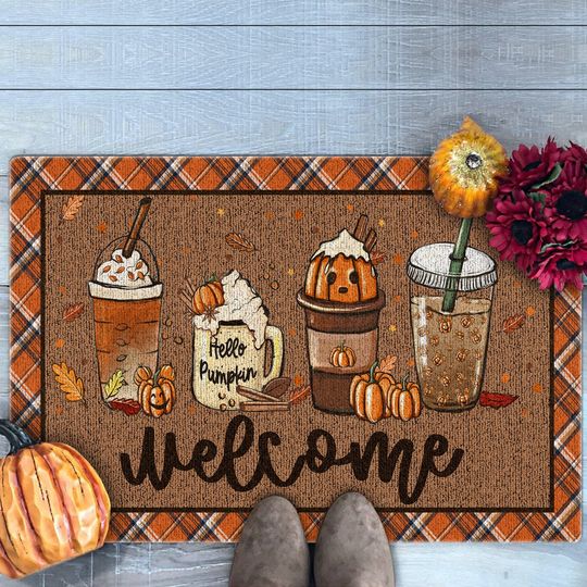 Fall Coffee Doormat, Fall Doormat, Halloween Pumpkin Spice Orange Plaid Rug, Halloween Doormat, Fall Welcome Mat, Fall Decor, Hello Pumpkin