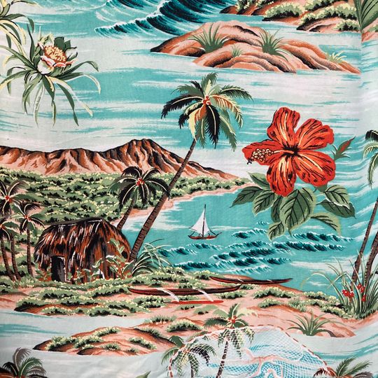 Vintage 1950s Penneys Label Net Fisherman Rayon Hawaiian Shirt