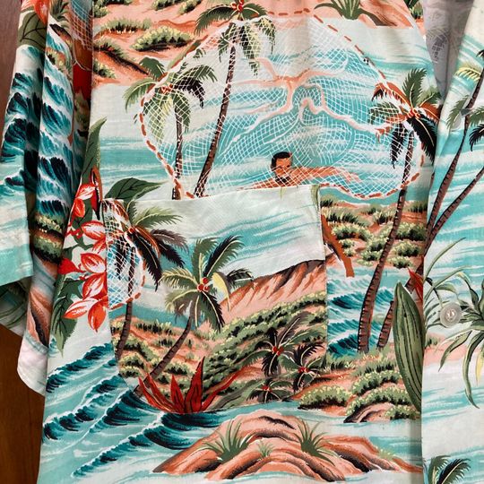 Vintage 1950s Penneys Label Net Fisherman Rayon Hawaiian Shirt