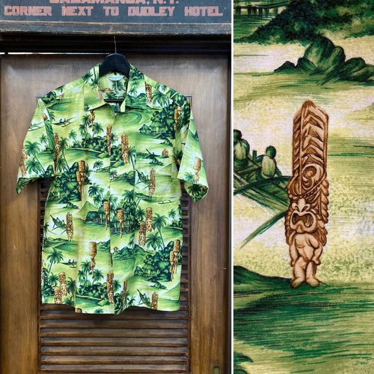 Vintage 1960s Tiki Atomic Mod Cotton Tropical Hawaiian Shirt
