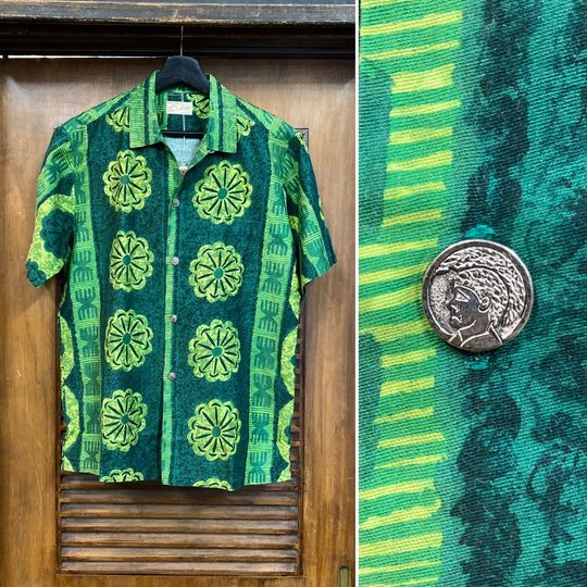 Vintage 1950s Mod Tiki Atomic Cotton Loop Collar Hawaiian Shirt