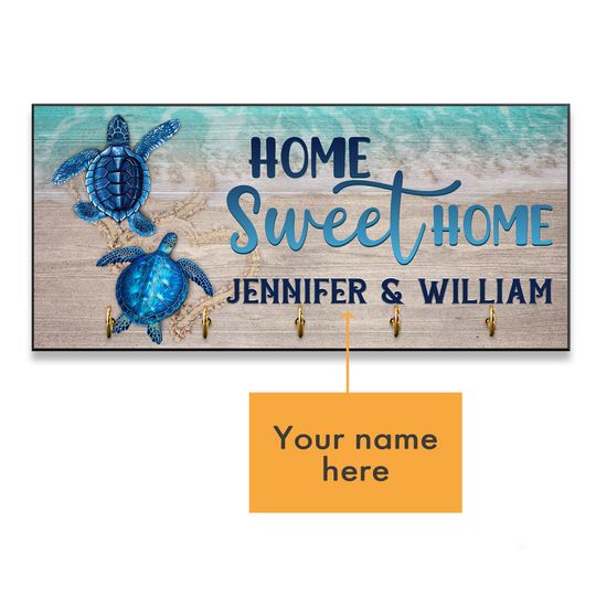 Personalized Beach House Key Holder, Turtle Wooden Key Decor, Custom Family Gift