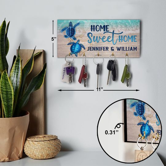 Personalized Beach House Key Holder, Turtle Wooden Key Decor, Custom Family Gift