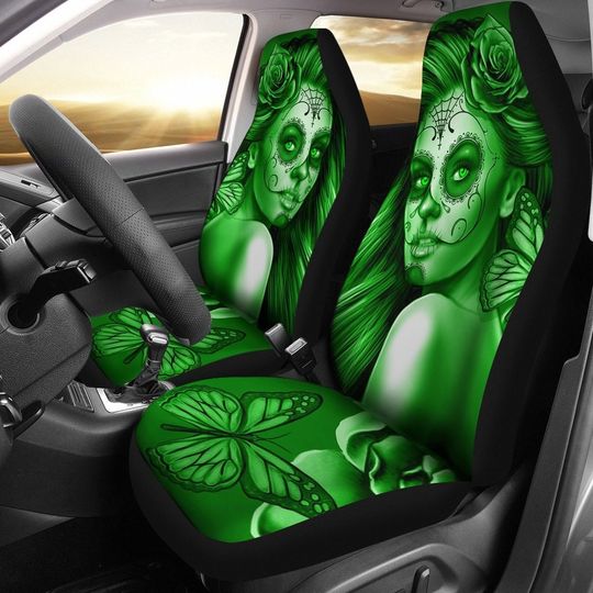Calavera (Day Of The Dead / Dia De Los Muertos) Halloween Skull Design #2 Pair Of Micro Fiber Car Seat Covers (Green Lime Rose)