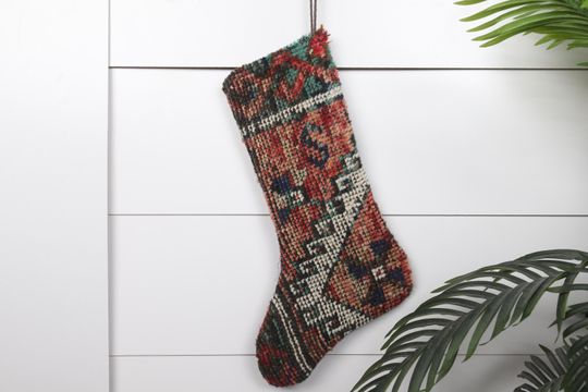 Unique Xmas Stocking  Handmade Kilim  7x18 Inches (18x45 cm)  Santa Claus Decor