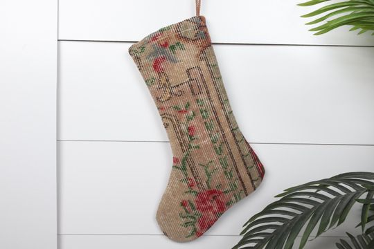 Unique Xmas Stocking  Handmade Kilim  7x18 Inches (18x45 cm)  Santa Claus Decor