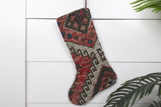 Unique Xmas Stocking  Handmade Kilim  7x18 Inches (18x45 cm)  Santa Claus Decor
