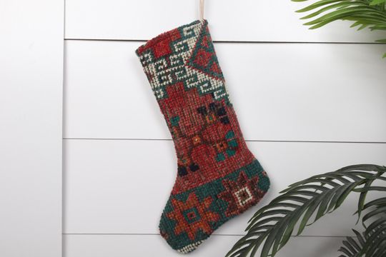 Unique Xmas Stocking  Handmade Kilim  7x18 Inches (18x45 cm)  Santa Claus Decor