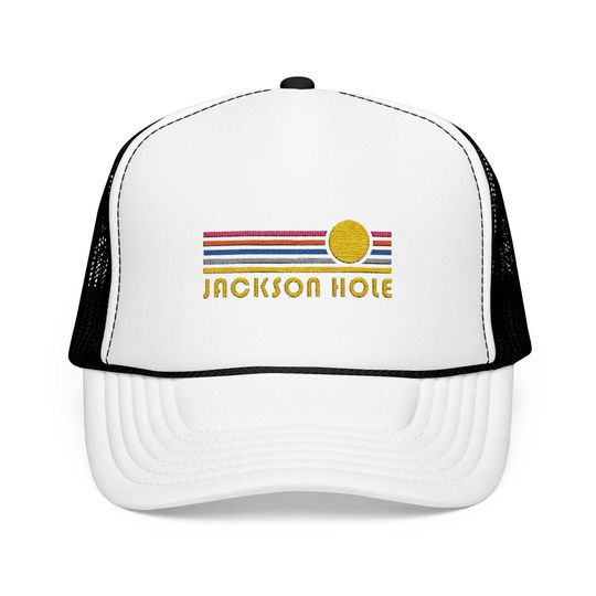 Jackson Hole, Wyoming Embroidered Foam Trucker Hat - Retro Sunset