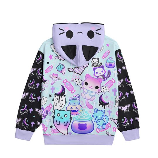 Magic cats - Unisex zipper hoodie with cat ears - kawaii, pastel goth, creepy cute, melty, bat cats, ghost, halloween, spooky  - CH1