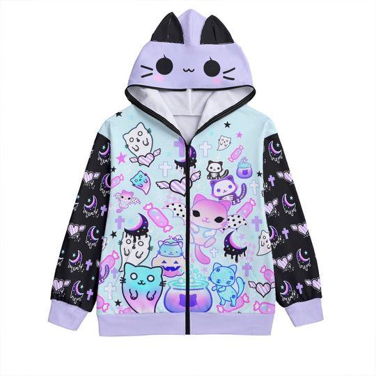 Magic cats - Unisex zipper hoodie with cat ears - kawaii, pastel goth, creepy cute, melty, bat cats, ghost, halloween, spooky  - CH1