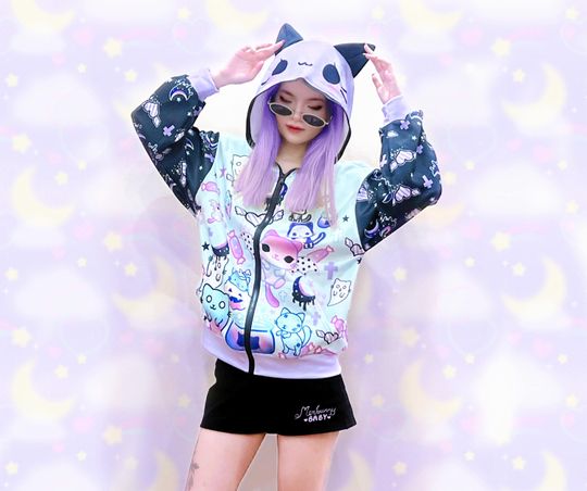 Magic cats - Unisex zipper hoodie with cat ears - kawaii, pastel goth, creepy cute, melty, bat cats, ghost, halloween, spooky  - CH1