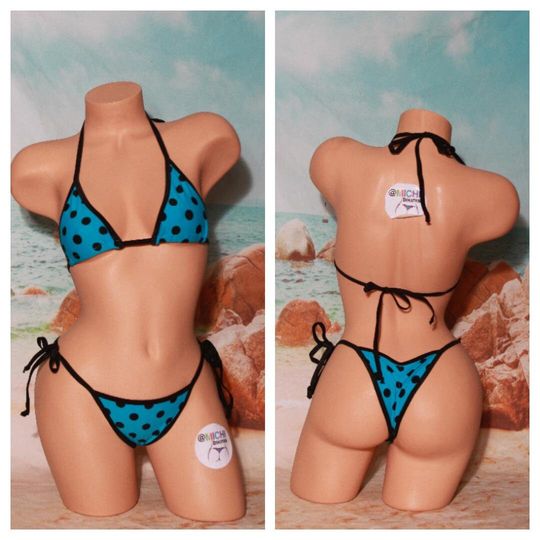 Neon Blue with Black Polka Dots with Black Trim Medium Coverage Top Scrunch Butt String Bikini 2 Piece Set One Size