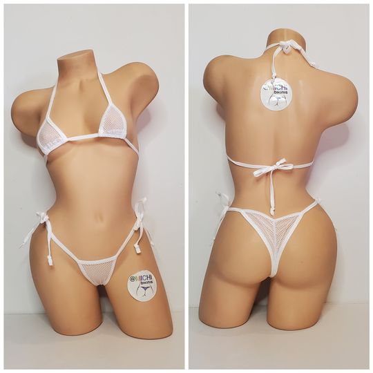 White Small Hole Fishnet *Very Sheer*with Your Choice Trim Color Micro Coverage Top Scrunch Butt String Bikini 2 Piece Set One Size