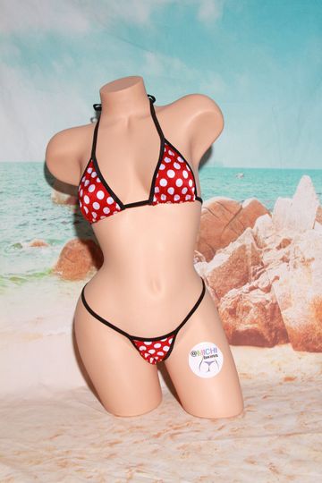 Red with White Polka Dots with Black Trim Medium Coverage Top Y Back Thong Bottom Bikini Set