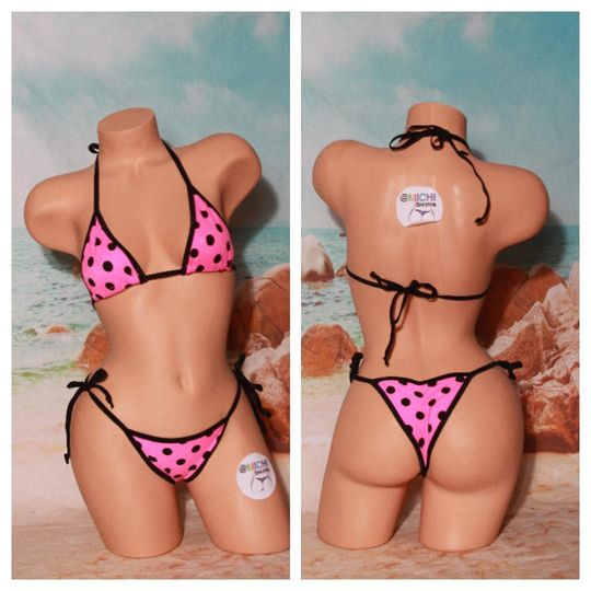 Neon Pink with Black Polka Dots with Black Trim Medium Coverage Top Scrunch Butt String Bikini 2 Piece Set One Size
