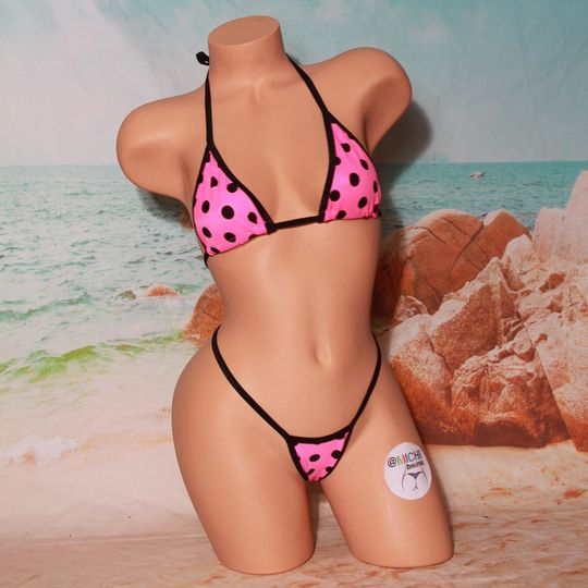 Neon Pink with Black Polka Dots with Black Trim Medium Coverage Top Y Back Thong Bottom Bikini Set