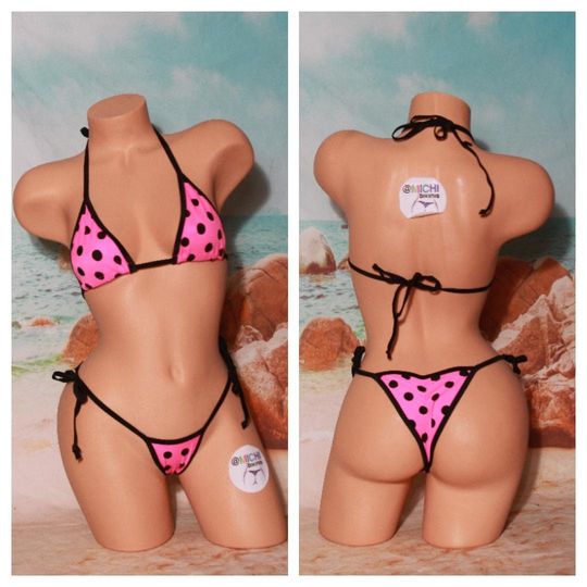 Neon Pink with Black Polka Dots with Black Trim Medium Coverage Top Scrunch Butt String Bikini 2 Piece Set One Size