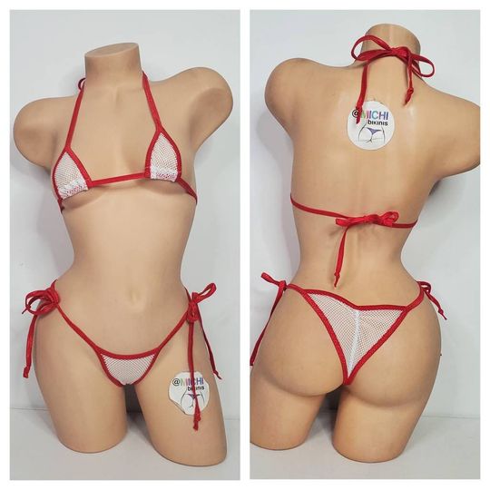 White Small Hole Fishnet *Very Sheer*with Your Choice Trim Color Micro Coverage Top Scrunch Butt String Bikini 2 Piece Set One Size
