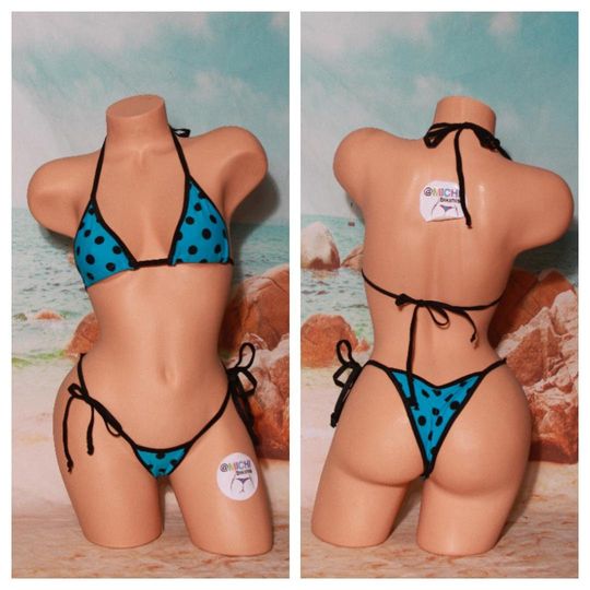 Neon Blue with Black Polka Dots with Black Trim Medium Coverage Top Scrunch Butt String Bikini 2 Piece Set One Size