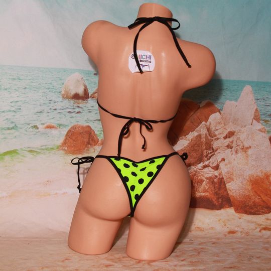 Neon Green with Black Polka Dots with Black Trim Micro Coverage Top Scrunch Butt Bottom String Bikini 2 Piece Set One Size