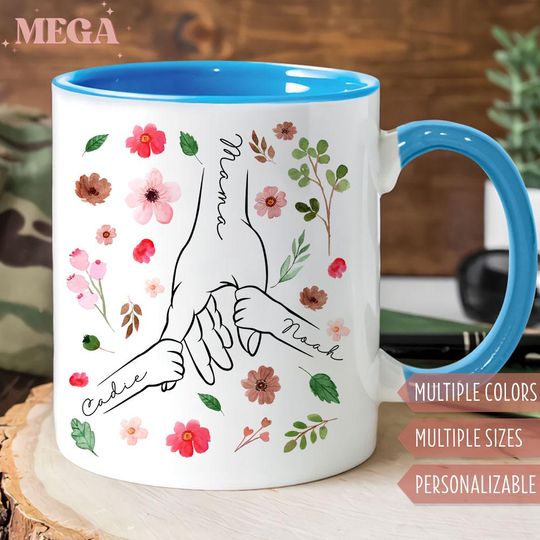 Custom Mom Mug, Personalized Holding Mom Hands Mug, Mom Mug with Kids' Names, Custom Gift for Mama 005604