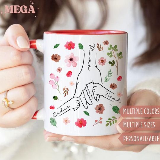 Custom Mom Mug, Personalized Holding Mom Hands Mug, Mom Mug with Kids' Names, Custom Gift for Mama 005604