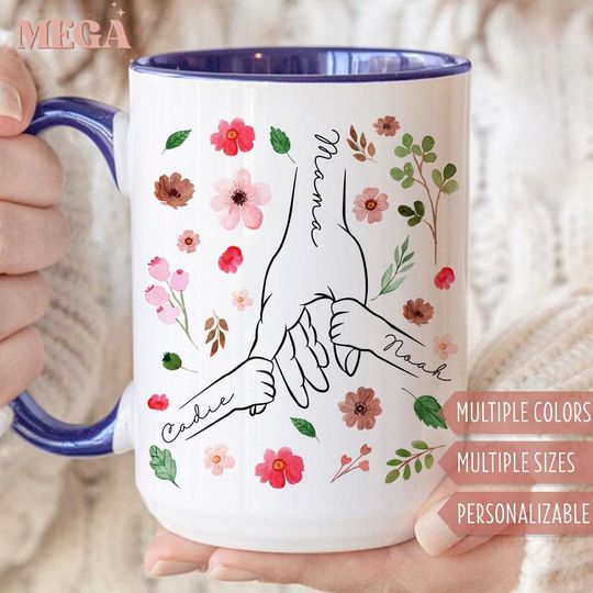 Custom Mom Mug, Personalized Holding Mom Hands Mug, Mom Mug with Kids' Names, Custom Gift for Mama 005604