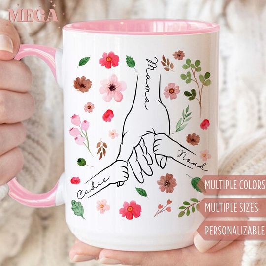 Custom Mom Mug, Personalized Holding Mom Hands Mug, Mom Mug with Kids' Names, Custom Gift for Mama 005604