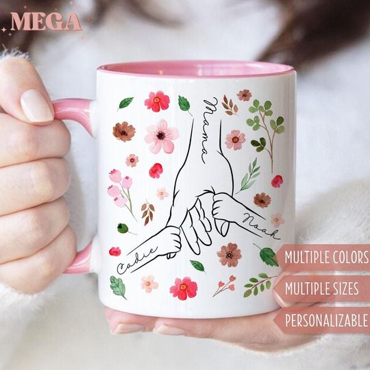 Custom Mom Mug, Personalized Holding Mom Hands Mug, Mom Mug with Kids' Names, Custom Gift for Mama 005604