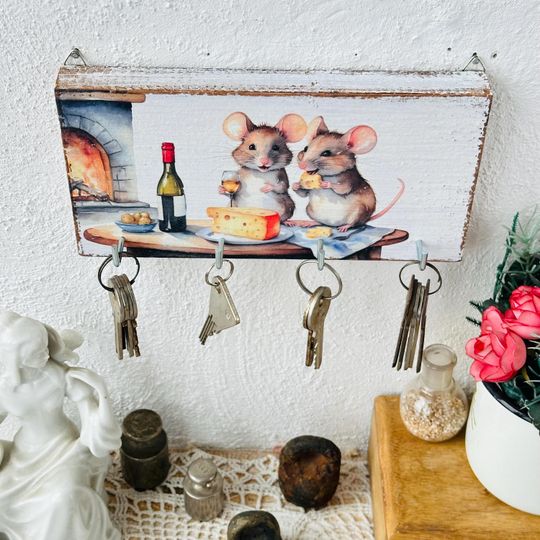 Rustic Mice & Cheese Wooden Key Holder - Whimsical Kitchen Decor
