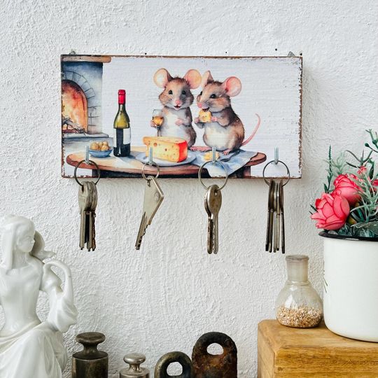 Rustic Mice & Cheese Wooden Key Holder - Whimsical Kitchen Decor