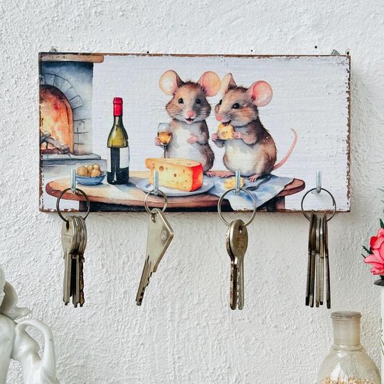 Rustic Mice & Cheese Wooden Key Holder - Whimsical Kitchen Decor
