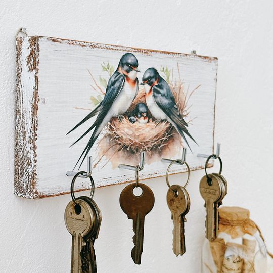 Wall Swallow Key Holder, Small Wooden Key Rack, Farmhouse Entryway Decor