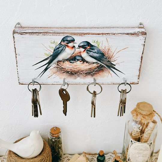Wall Swallow Key Holder, Small Wooden Key Rack, Farmhouse Entryway Decor
