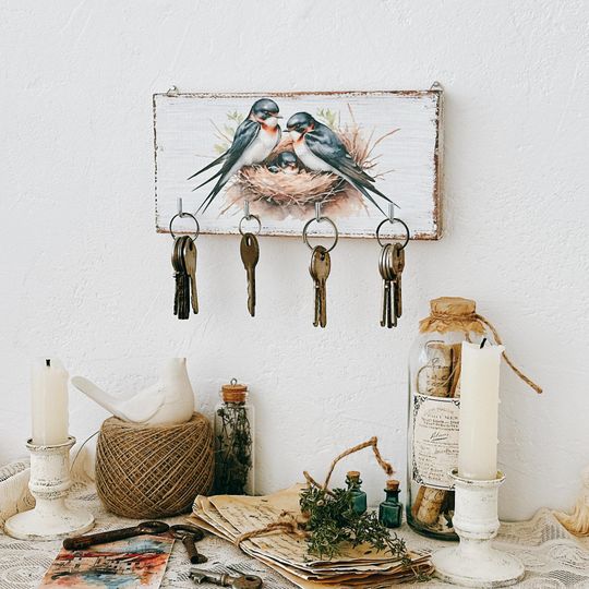 Wall Swallow Key Holder, Small Wooden Key Rack, Farmhouse Entryway Decor