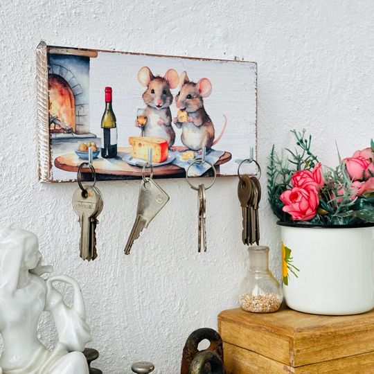 Rustic Mice & Cheese Wooden Key Holder - Whimsical Kitchen Decor