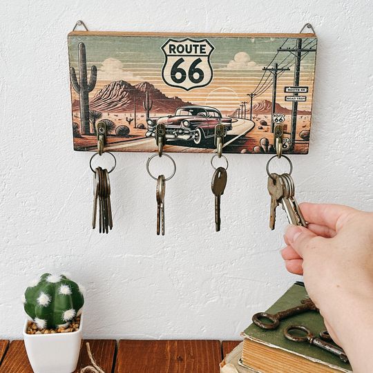 Rustic Route 66 Wooden Wall Key Holder, Retro Home Decor
