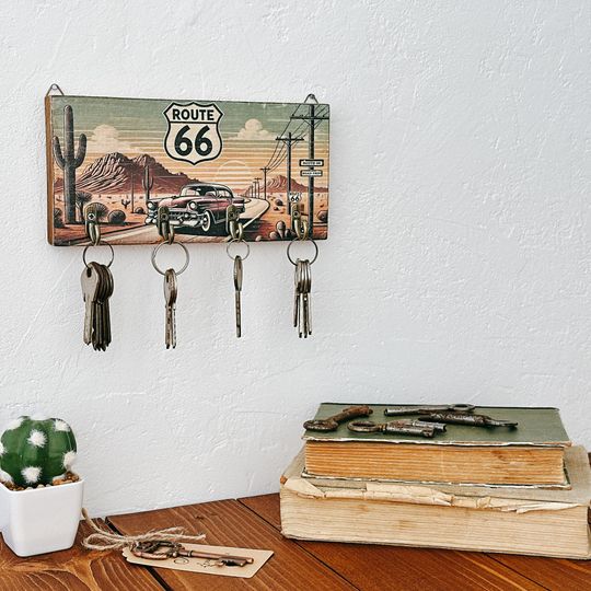 Rustic Route 66 Wooden Wall Key Holder, Retro Home Decor