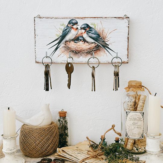Wall Swallow Key Holder, Small Wooden Key Rack, Farmhouse Entryway Decor